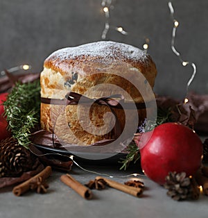 Traditional Panettone, an Italian sweet bread loaf, originally from Milan, for Christmas and New Year.