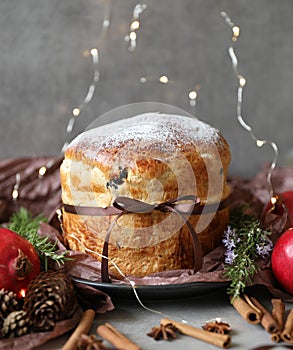 Traditional Panettone, an Italian sweet bread loaf, originally from Milan, for Christmas and New Year.