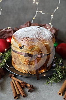 Traditional Panettone, an Italian sweet bread loaf, originally from Milan, for Christmas and New Year.