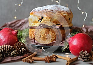 Traditional Panettone, an Italian sweet bread loaf, originally from Milan, for Christmas and New Year.