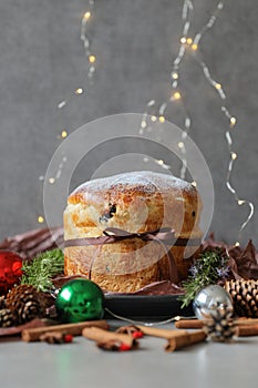 Traditional Panettone, an Italian sweet bread loaf, originally from Milan, for Christmas and New Year.