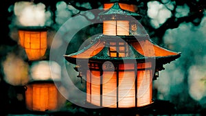 Traditional paper lantern closeup with trees and lights in blurred background