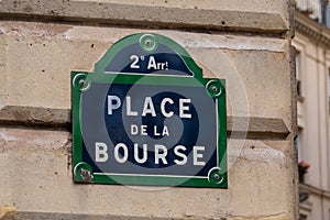 Traditional Parisian street sign with 'Place de la Bourse' written on it, Paris, France