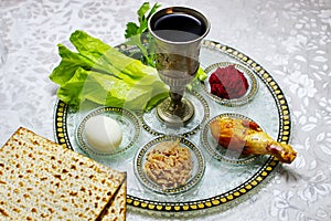 Traditional Passover bowl,Passover Seder Plate in Israel. Image for Jewish holiday Passover Pesach or Pesah