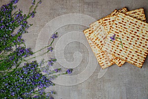 Traditional Passover matzoh with flowers for jewish holiday.