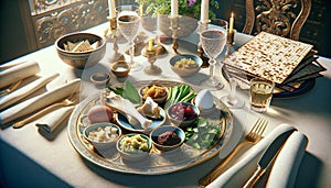 Traditional passover seder table close-up with ceremonial items