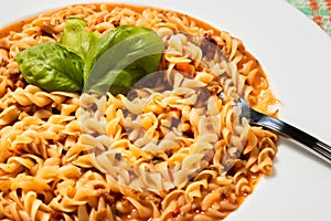 Traditional pasta fusilli with tomato sauce and basil. Close-up selective focus. 45 deg. view