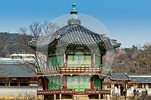 Traditional pavilion in the island of the lake in Gyeongbokgung,  also known as Gyeongbokgung Palace or Gyeongbok Palace, the main