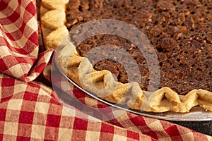 Traditional Pecan PIe with Red and White Table Cloth