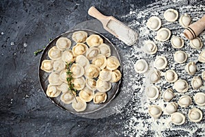 Traditional pelmeni, ravioli, dumplings filled with meat on plate, homemade raw pastry dumplings with meat filling. baking