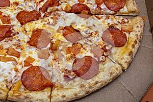 Traditional pepperoni pizza. Close-up. Delicious food concept