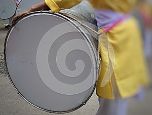 Traditional percussion instruments caled Dhol been played uring a Ganesh festival procession in India.