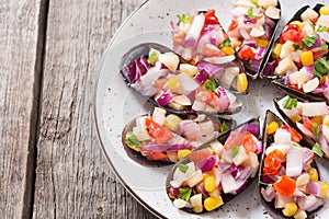 Traditional  Peruvian food background with mussels photo