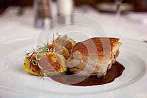 Traditional Peruvian Meal Called Chicharron de Panceta de Cerdo photo