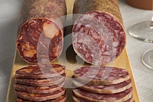 Traditional piece of Spanish Salchichon sausage and chorizo