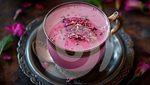 Traditional pink Kashmiri tea with rose petals. AI generated.