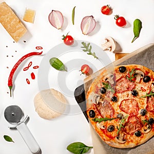 Traditional pizza preparation ingridients: parmesane, dough, tomatoes, mushrooms, basil, ruccola, red pepper, onion