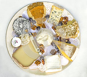 traditional plate of various french cheeses