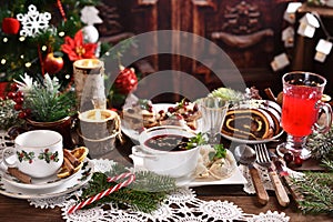 Traditional in Poland Christmas Eve dishes on festive table