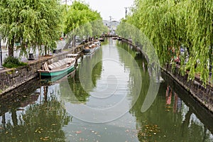 Traditional poled boat, parked at deck in Yanagawa, Fukuoka,