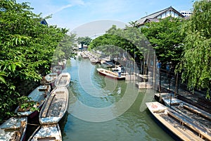 Traditional poled boat, parked at deck in Yanagawa,Jap