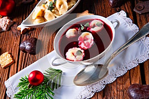 A traditional Polish Christmas Eve borscht with dumplings