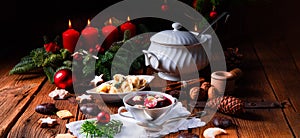 Traditional Polish Christmas Eve borscht with dumplings