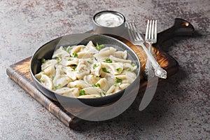 Traditional Polish Christmas Eve mushroom dumplings uszka served with sour cream closeup on the plate. Horizontal