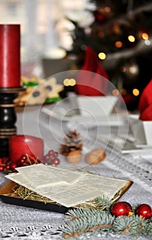 Traditional Polish Christmas table with white Christmas wafer.