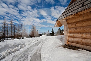 Traditional polish hut in zakopane during winter