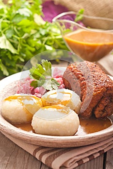 Traditional Polish, Silesian dish. Meat roulade with potato dump