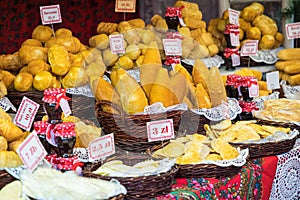 Traditional polish smoked cheese oscypek on christmas market in