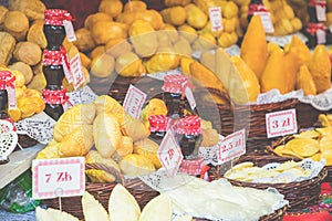 Traditional polish smoked cheese oscypek on christmas market in