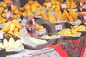 Traditional polish smoked cheese oscypek on christmas market in