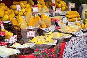 Traditional polish smoked cheese oscypek on christmas market in