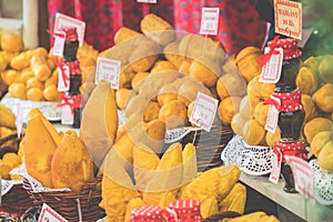 Traditional polish smoked cheese oscypek on christmas market in