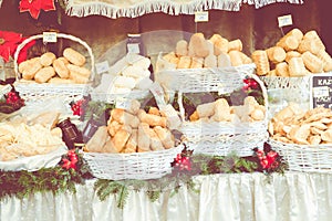 Traditional polish smoked cheese oscypek on Christmas market in