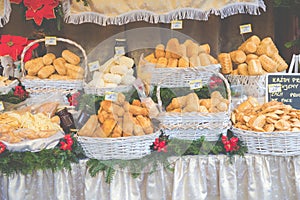 Traditional polish smoked cheese oscypek on Christmas market in