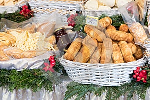 Traditional polish smoked cheese oscypek on Christmas market in