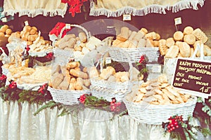 Traditional polish smoked cheese oscypek on Christmas market in