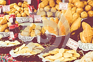 Traditional polish smoked cheese oscypek on Christmas market in