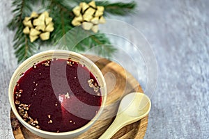 Traditional Polish soup made of red beetroot - red borsch - top view - copy space