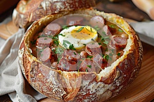 traditional polish soup. zurek with sausage, egg served in bread bowl