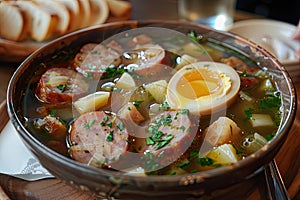 traditional polish soup. zurek with sausage, egg served in bread bowl