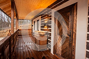 Traditional Porch of Wood Cabin House From Bucovina