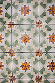 Traditional Portuguese ceramic tiles wall. Typical exterior decoration on house in Portugal