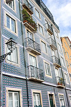 Traditional portuguese facade decoration azulejos. Blue and white azulejo tiles.