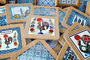 Traditional portuguese souvenirs for sale at Porto market Mercado do Bolhao. Portugal