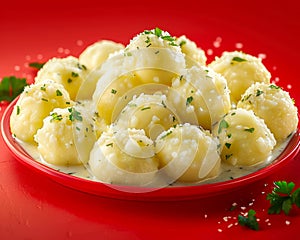 Traditional potato dumplings garnished with fresh herbs on a red background, perfect for menus and recipe websites