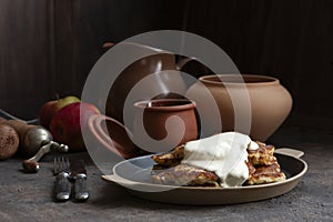 Traditional Potato Pancakes Levivot Latkes Draniki, Hash browns with sour cream